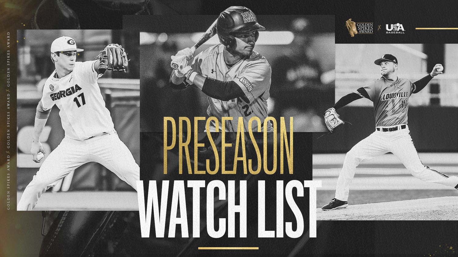 USA Baseball Golden Spikes Award Preseason Watch List featuring three college baseball players.