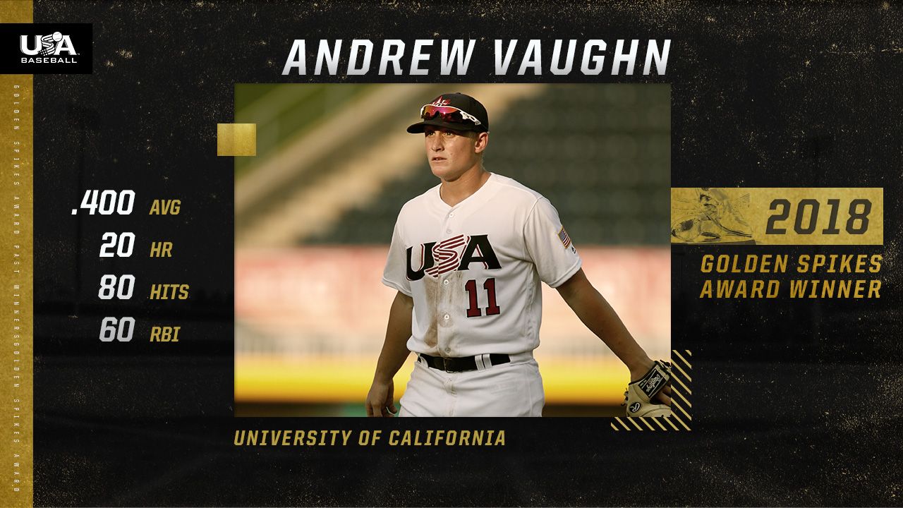 Andrew Vaughn 2018 Golden Spikes Award Winner from University of California with .400 AVG 20 HR stats.