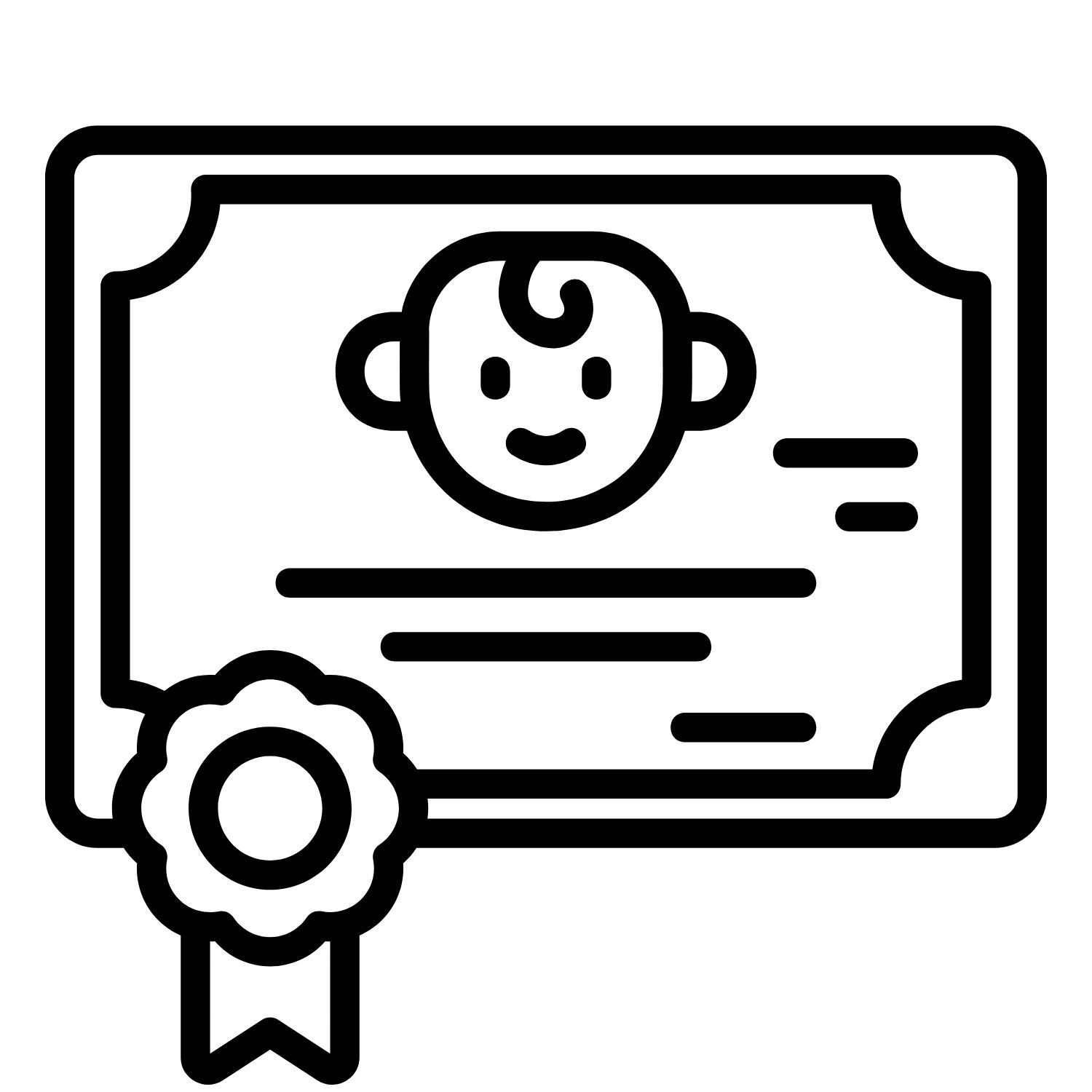 Certificate of black line art of a baby's face with a ribbon.