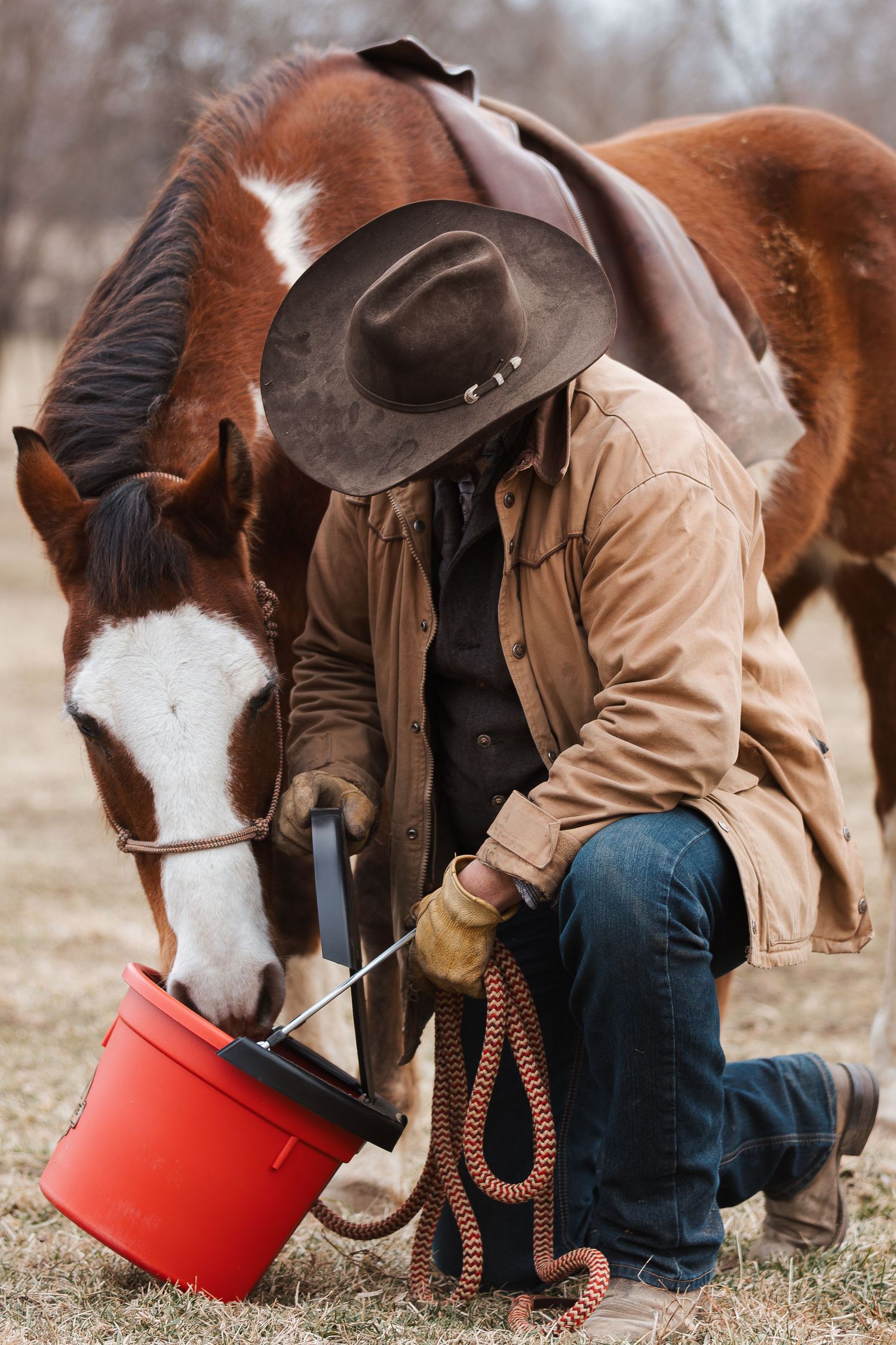 A cowboy in tan jacket kneels beside a horse drinking from a red bucket on a winter day.