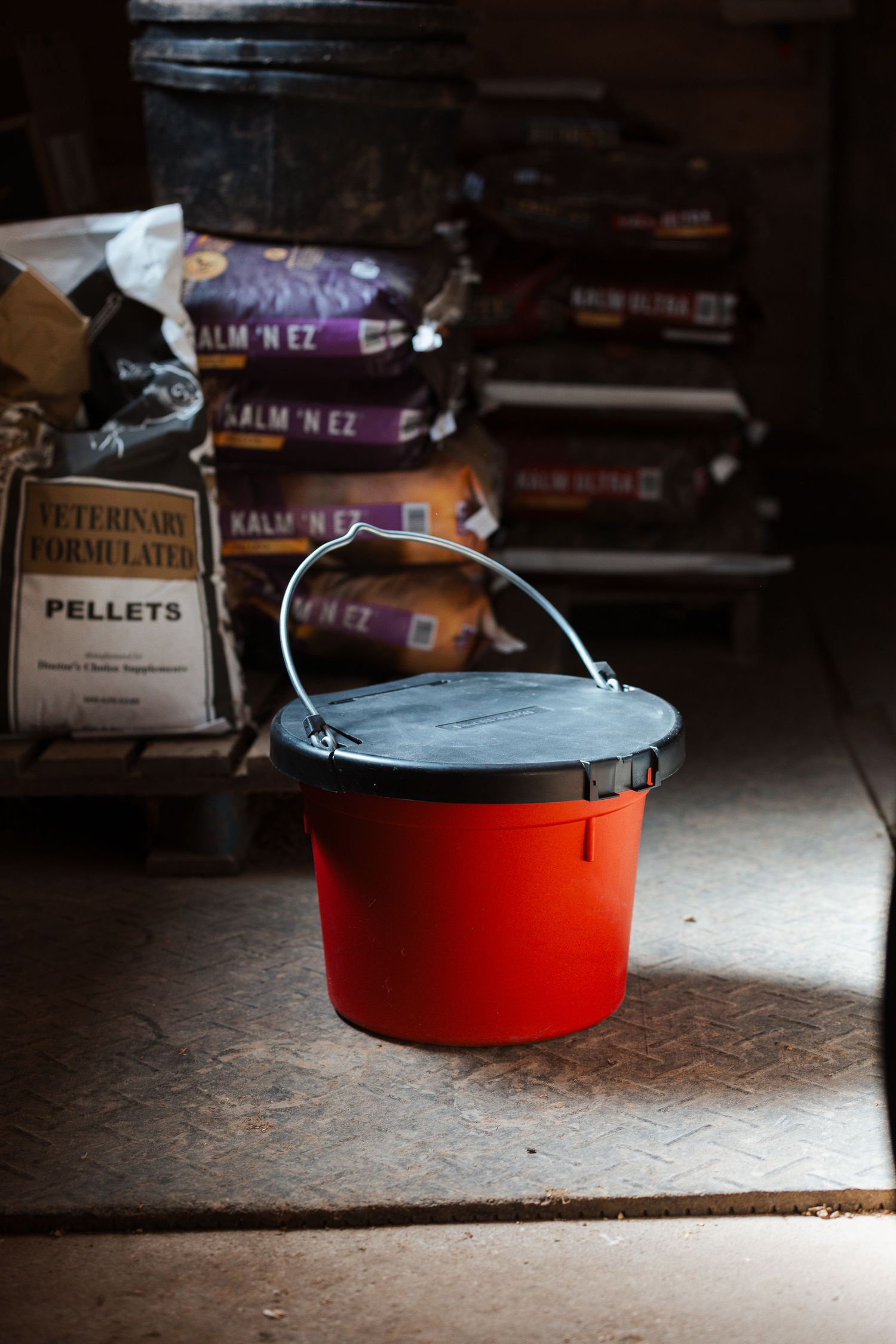 A red and black Dutch oven pot sits on a rustic wooden surface in a dimly lit storage area.