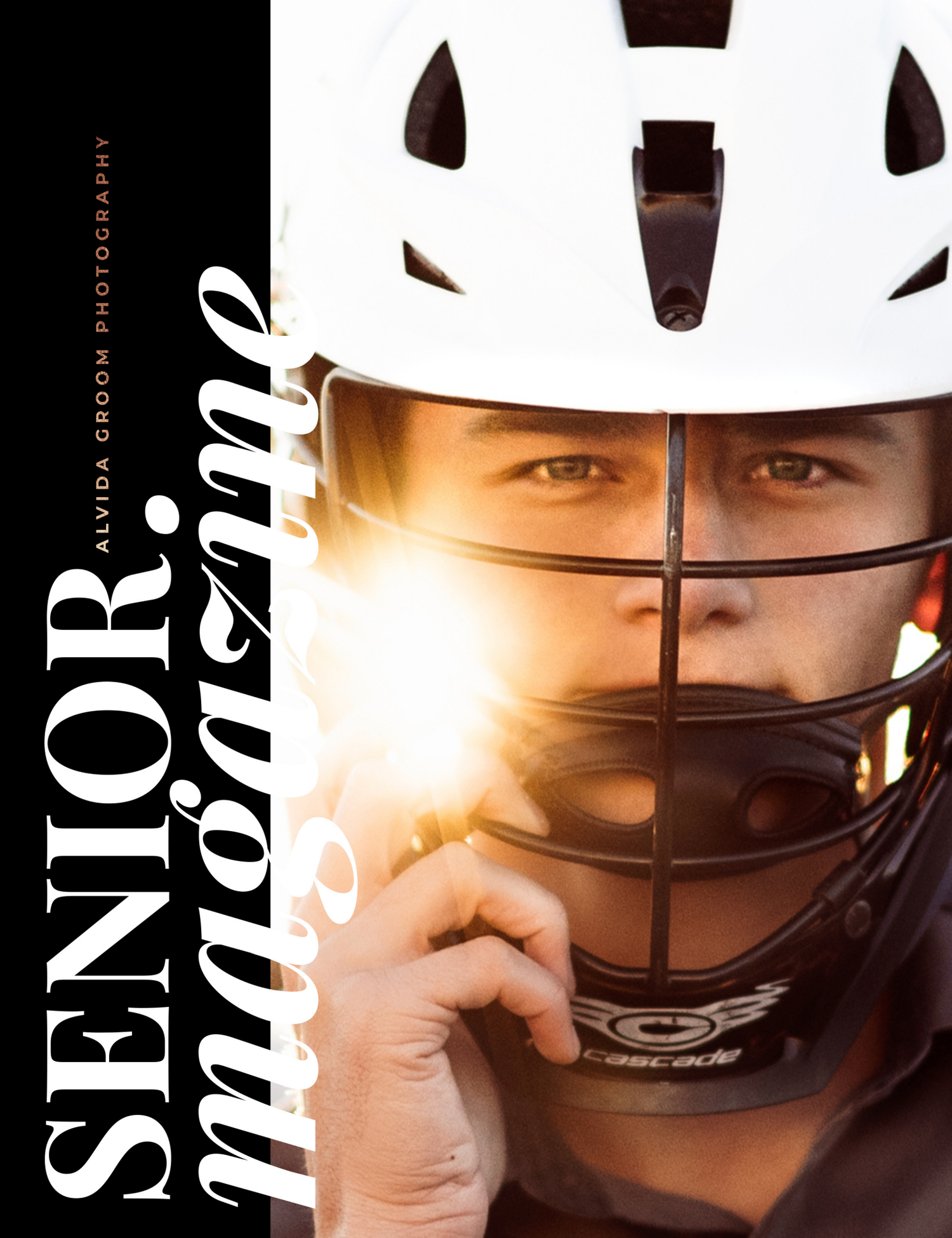 Football player wearing white helmet and brown facemask lit by dramatic golden light during sports photoshoot.