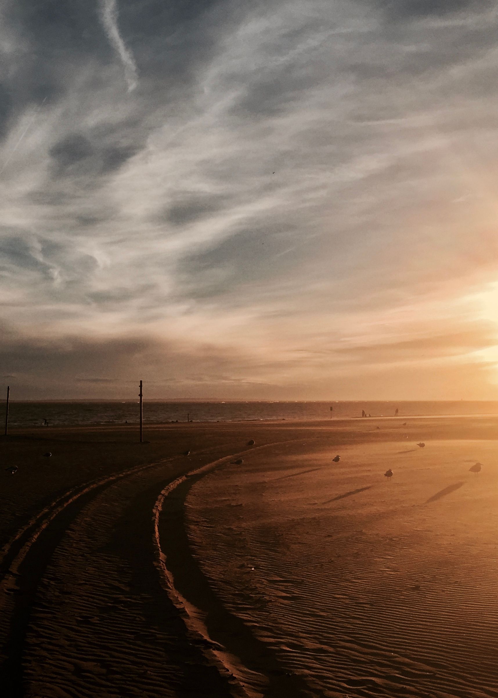 Dreamy yellow-orange sunset over the beach, with tire tracks visible in the sand