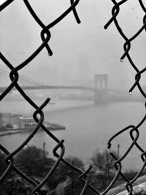 Brooklyn Bridge enveloped in thick fog, creating a mysterious and moody cityscape