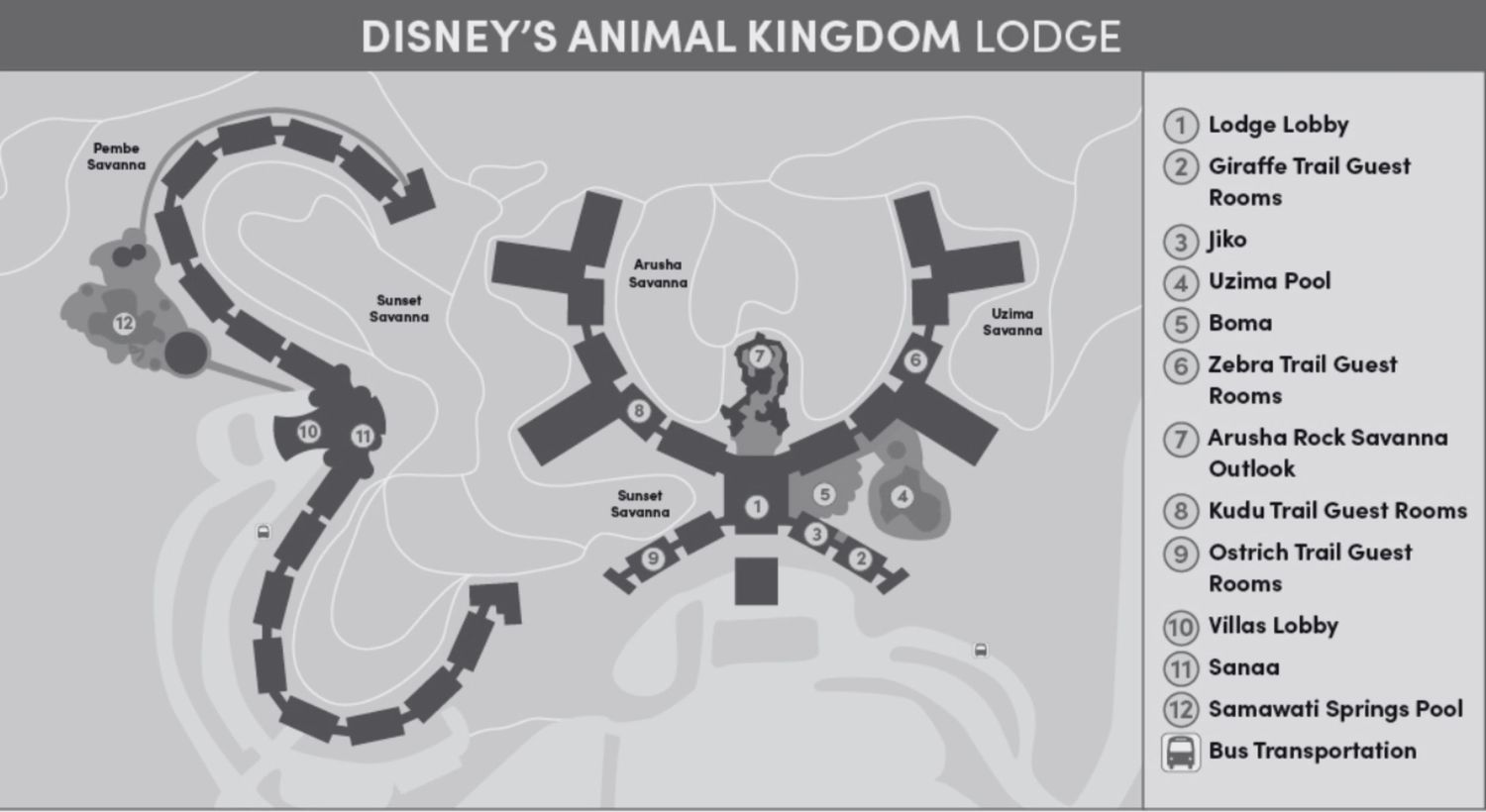 Architectural floor plan showing the layout of Disney's Animal Kingdom Lodge with labeled amenities and wings.