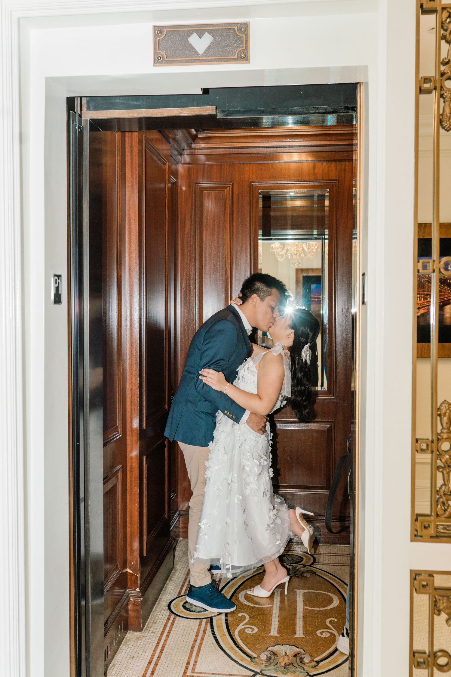 Series of intimate photos showing a couple sharing a tender moment in a luxurious elevator.
