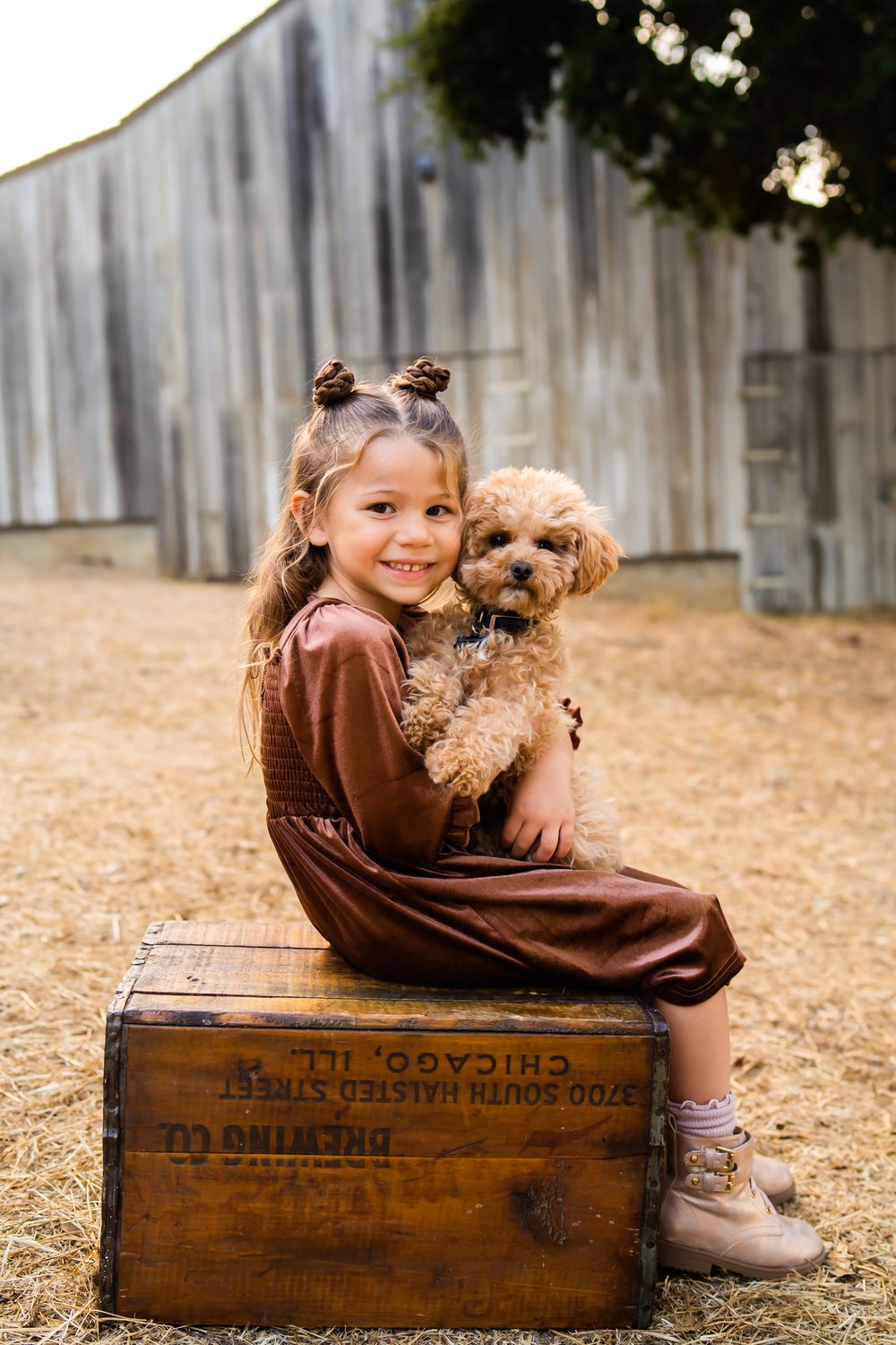 Child and small dog pose playfully together on vintage wooden crate in backyard setting.
