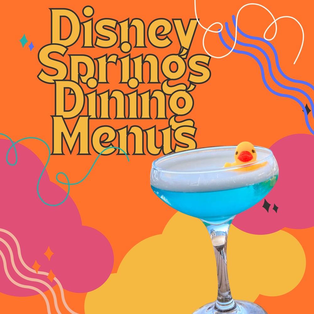Disney Springs dining menu cover featuring a blue cocktail with rubber duck garnish.