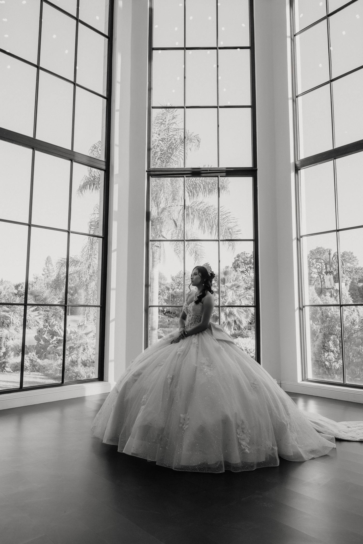 A silhouetted figure in a voluminous tulle gown stands elegantly against bright sunlit windows in an architectural space.