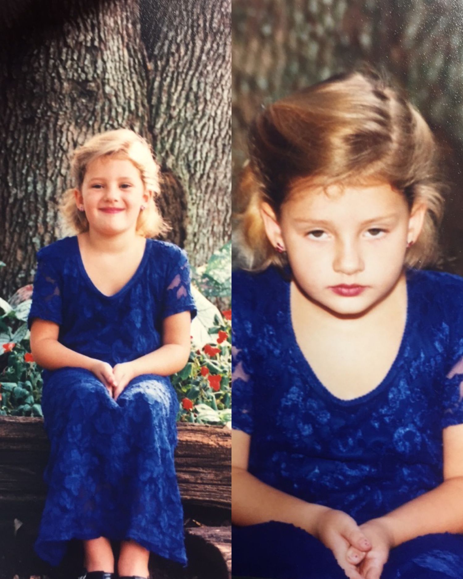 Side by side portraits show a young figure in a royal blue velvet dress sitting against natural outdoor settings.