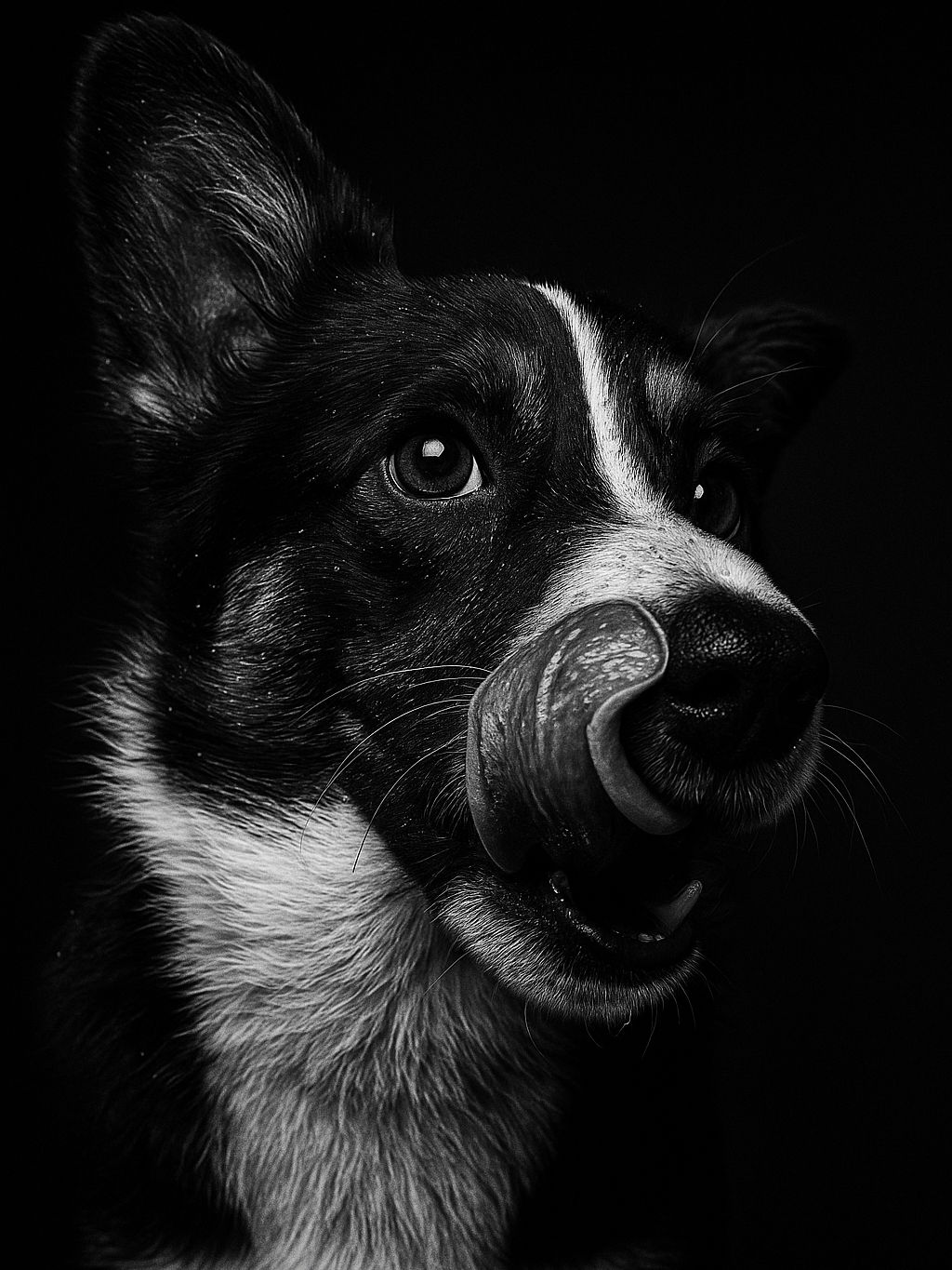 Artistic black and white close-up of a smiling dog showing teeth against a black backdrop.