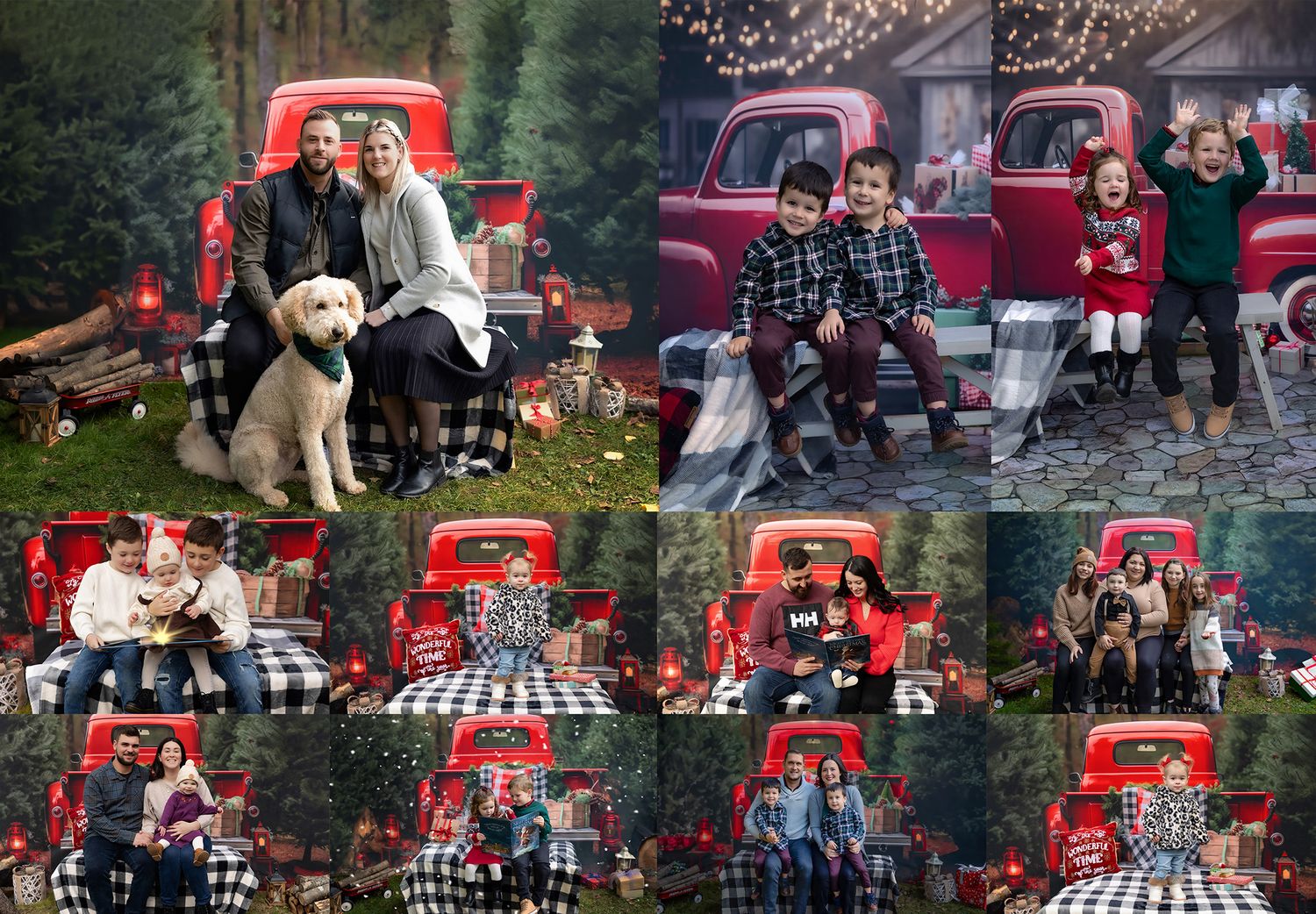Friends in matching red holiday pajamas sit together in a living room decorated with Christmas lights and garland.