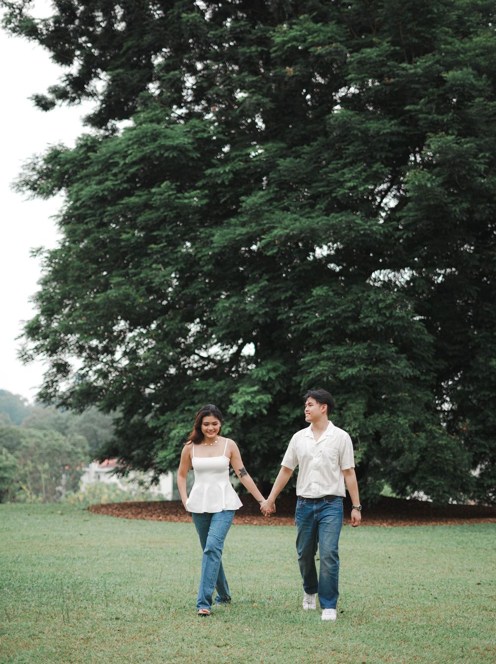 A couple walks hand in hand on a grassy lawn beneath a large, lush tree on a peaceful summer day.