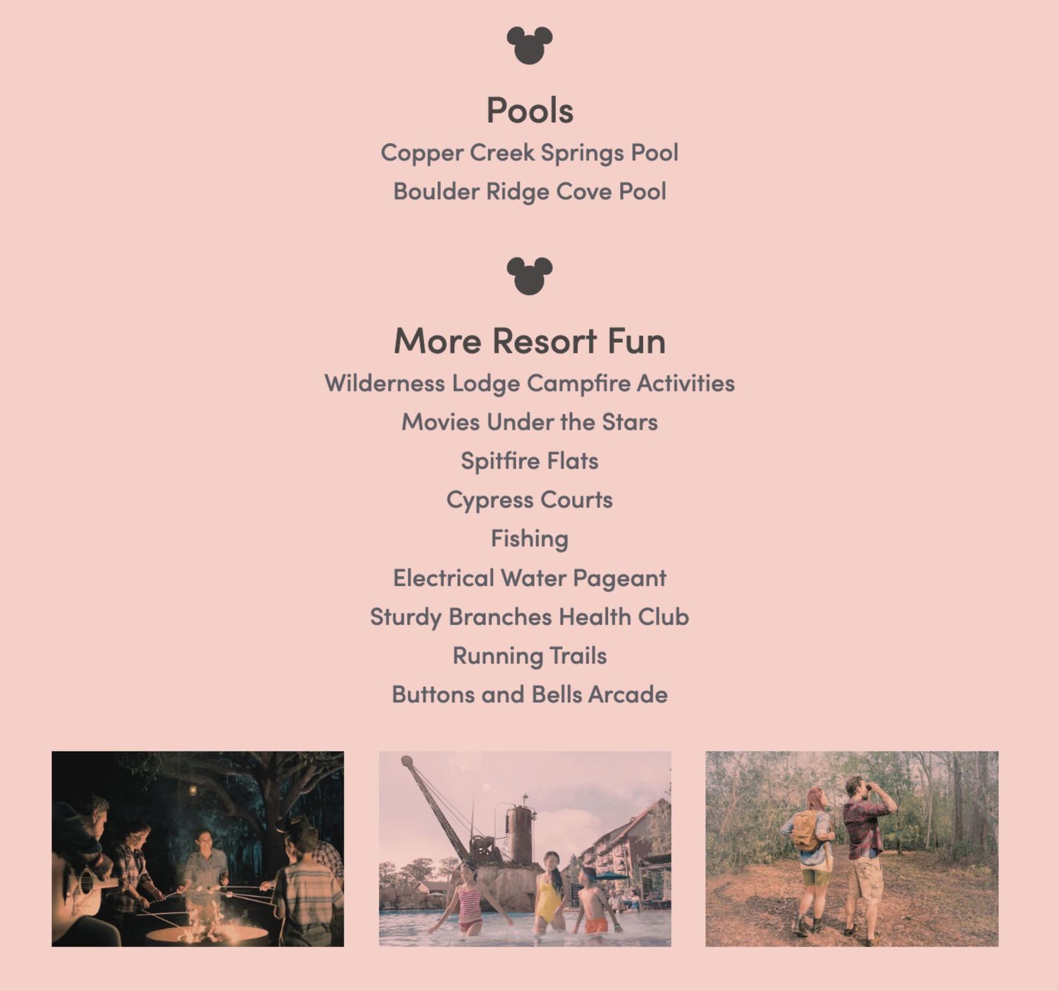 Resort amenities menu showing pools and activities with three lifestyle photos at bottom.