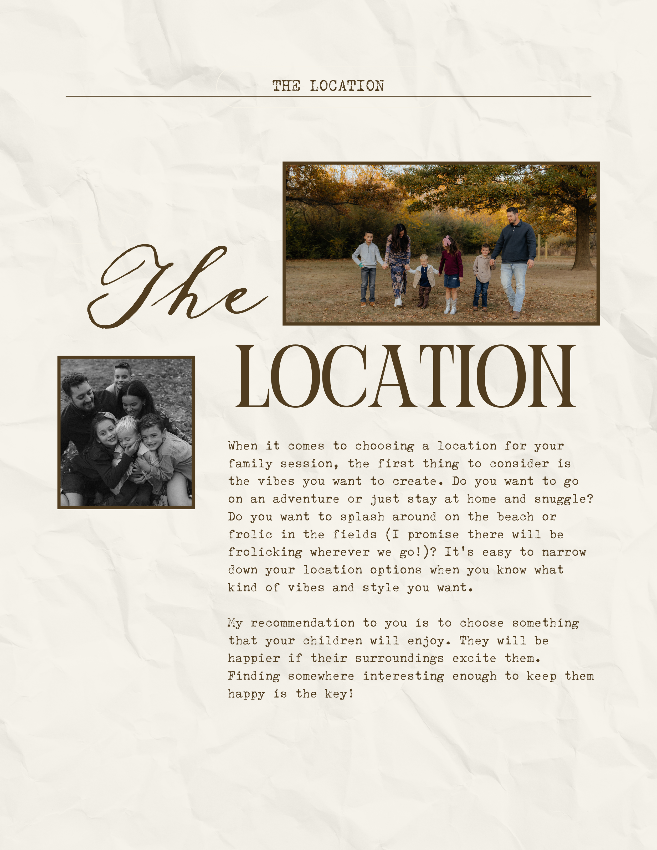 Vintage style website design mockup for 'The Location' showcasing multiple sections with photography and typography.