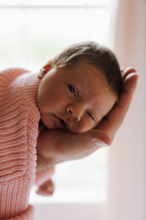 A newborn baby wrapped in a soft pink knit blanket rests peacefully against a light background.