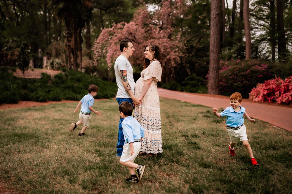 Candid photos of children playing and running during an outdoor family photo session.
