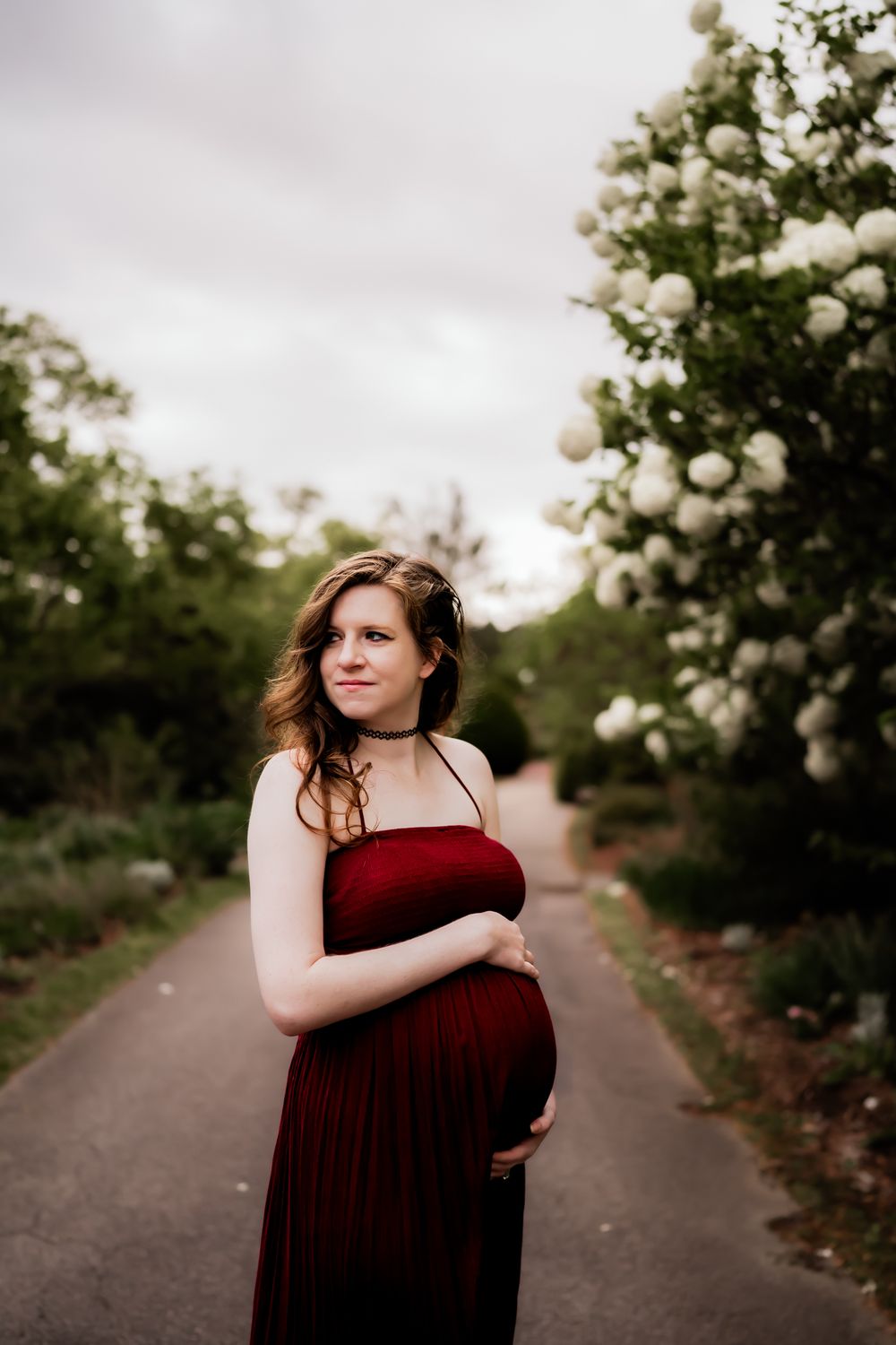 A deep burgundy dress contrasts beautifully with white roses along a garden path during a portrait session.