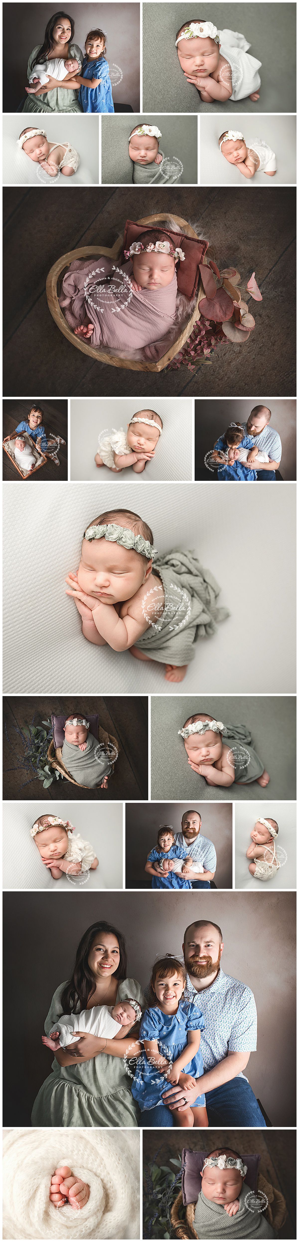 A collection of newborn baby portraits featuring soft poses, floral details, and family moments in neutral tones.