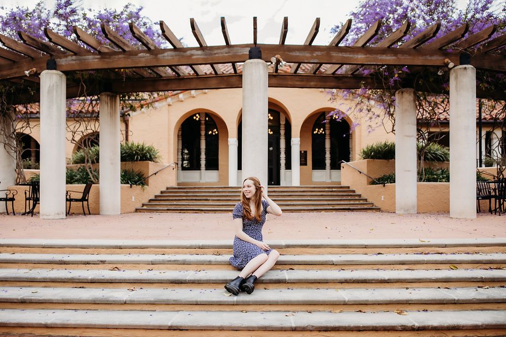 A sequence of photos showing someone sitting on a wooden porch outside a Spanish colonial style building.