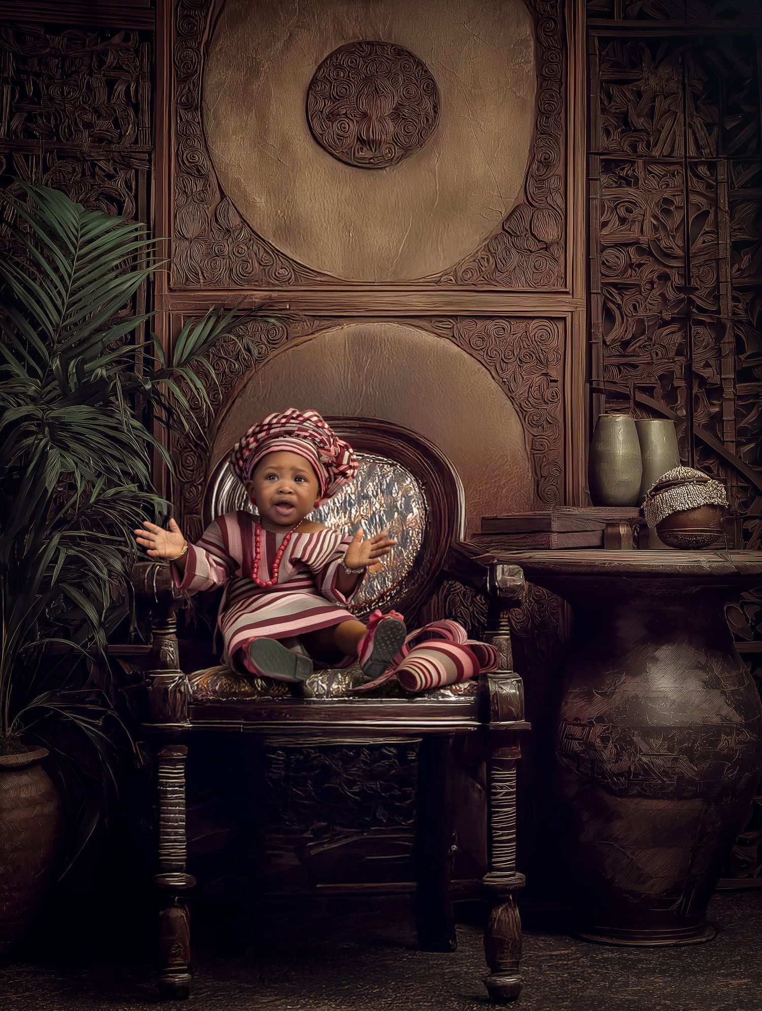 A dreamy vintage-style artistic composition showing someone resting on a carved wooden bench in moody lighting.
