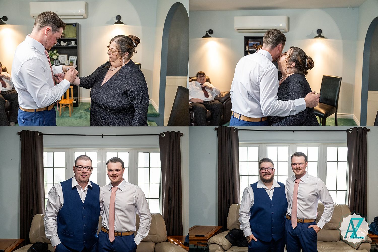 People in formal attire interact and embrace in a series of candid moments inside a bright interior space.