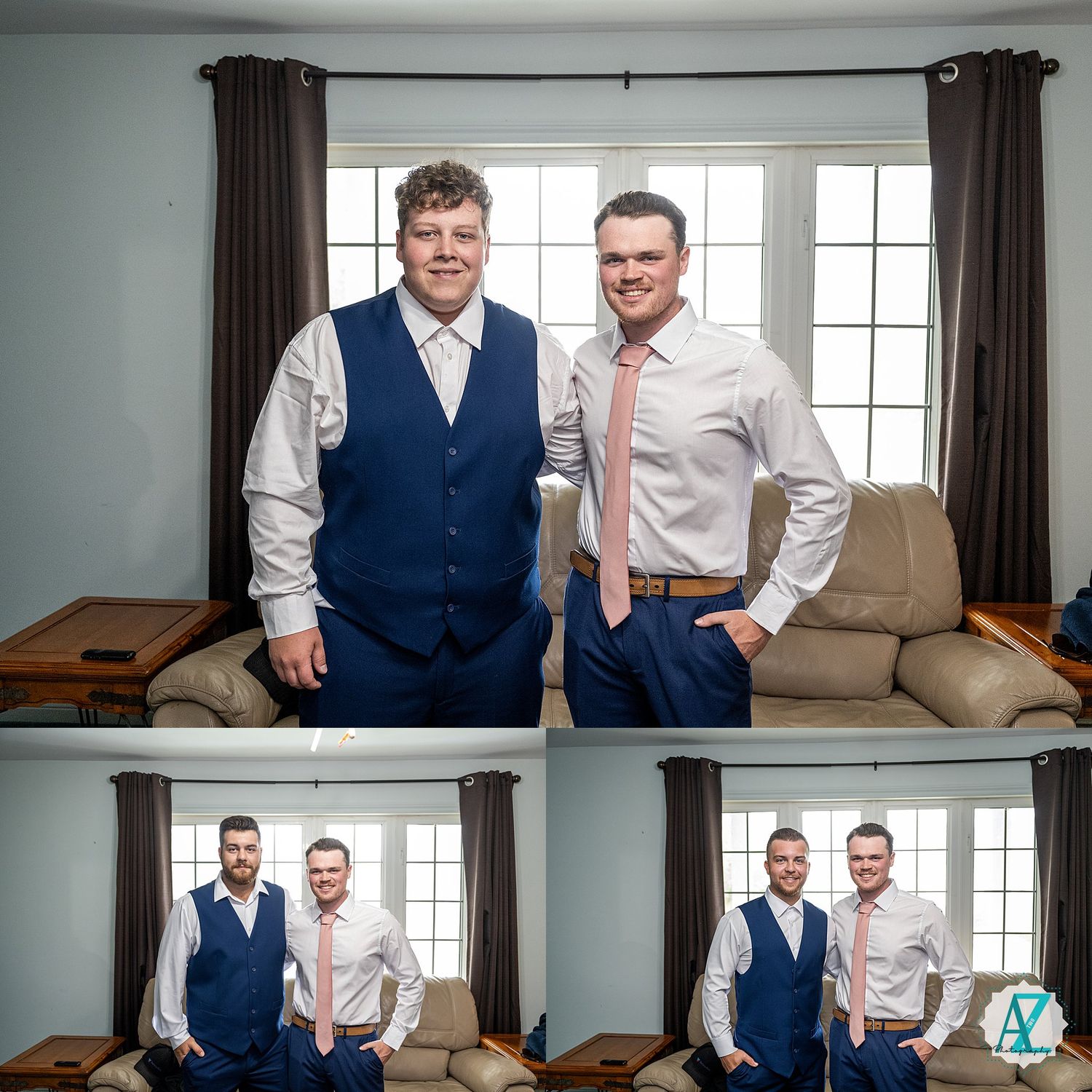 Two people in formal wear pose together on a brown leather couch in a bright room with windows.