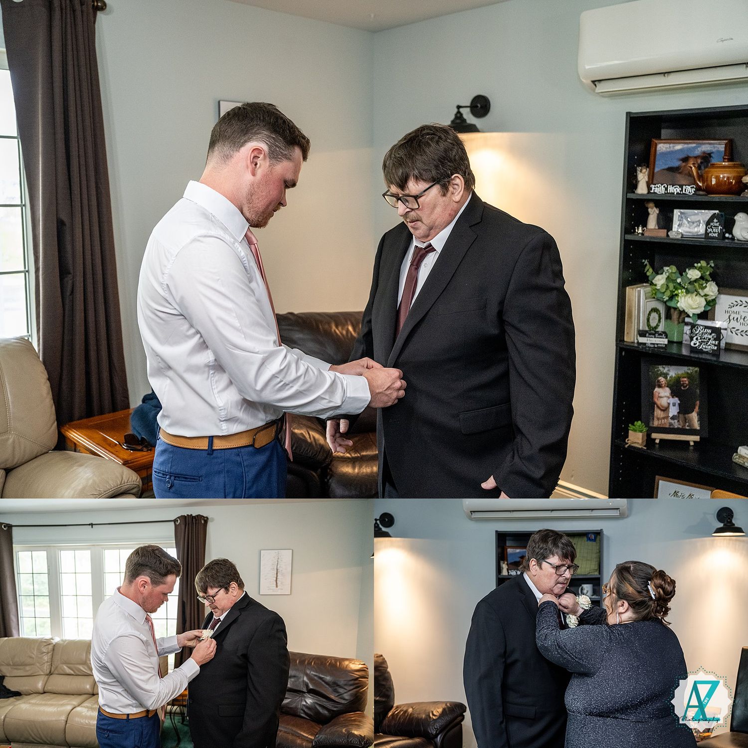 Groom gets help getting ready in a blue-walled room with four candid preparation moments shown.