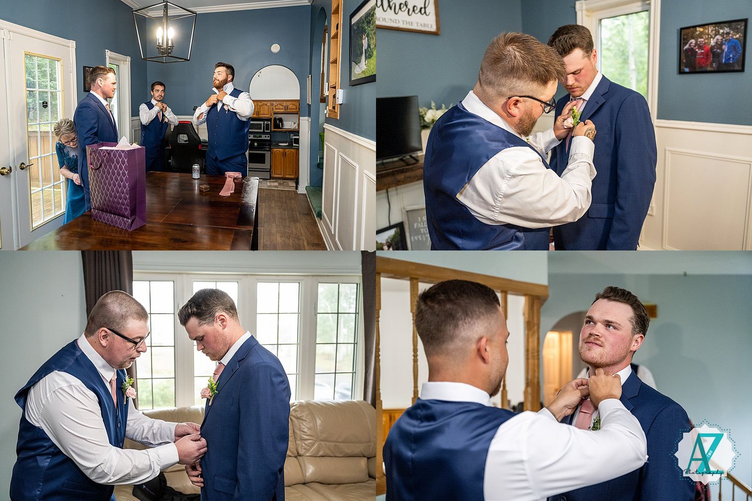 Wedding party helps adjust formal attire in a series of preparation photos inside a light-filled room.