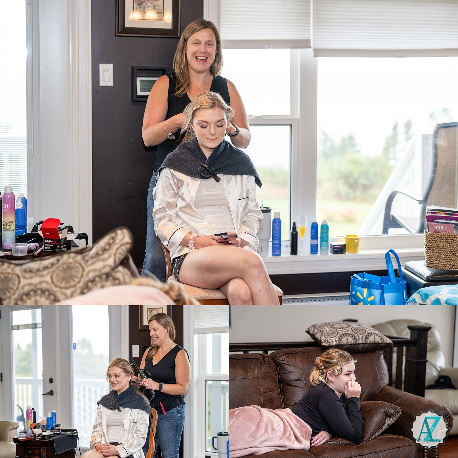 Multiple snapshots showing a child receiving playful massage therapy treatment on a table in a bright room.