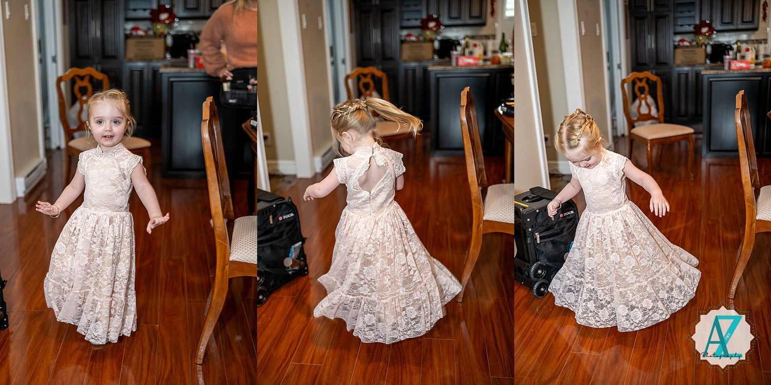 A sequence of dance poses shown in floral dress against wooden flooring showcases graceful spinning movements.