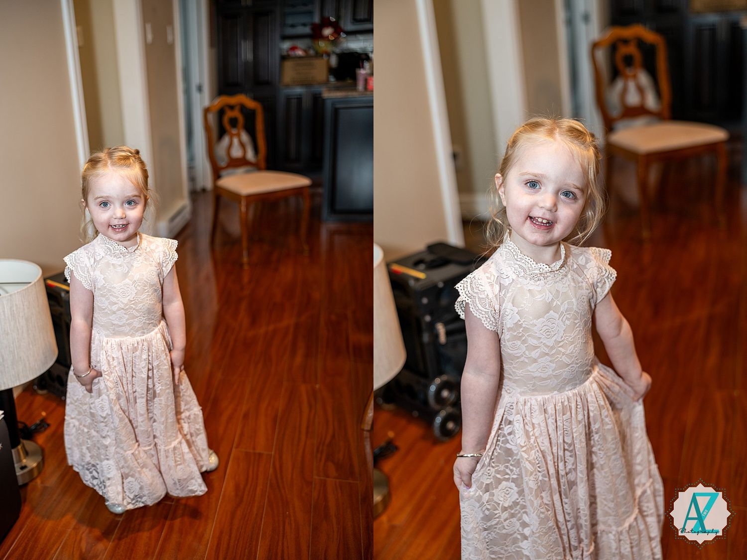 A series of photos showing a small child in a lace dress twirling and playing on a hardwood floor.