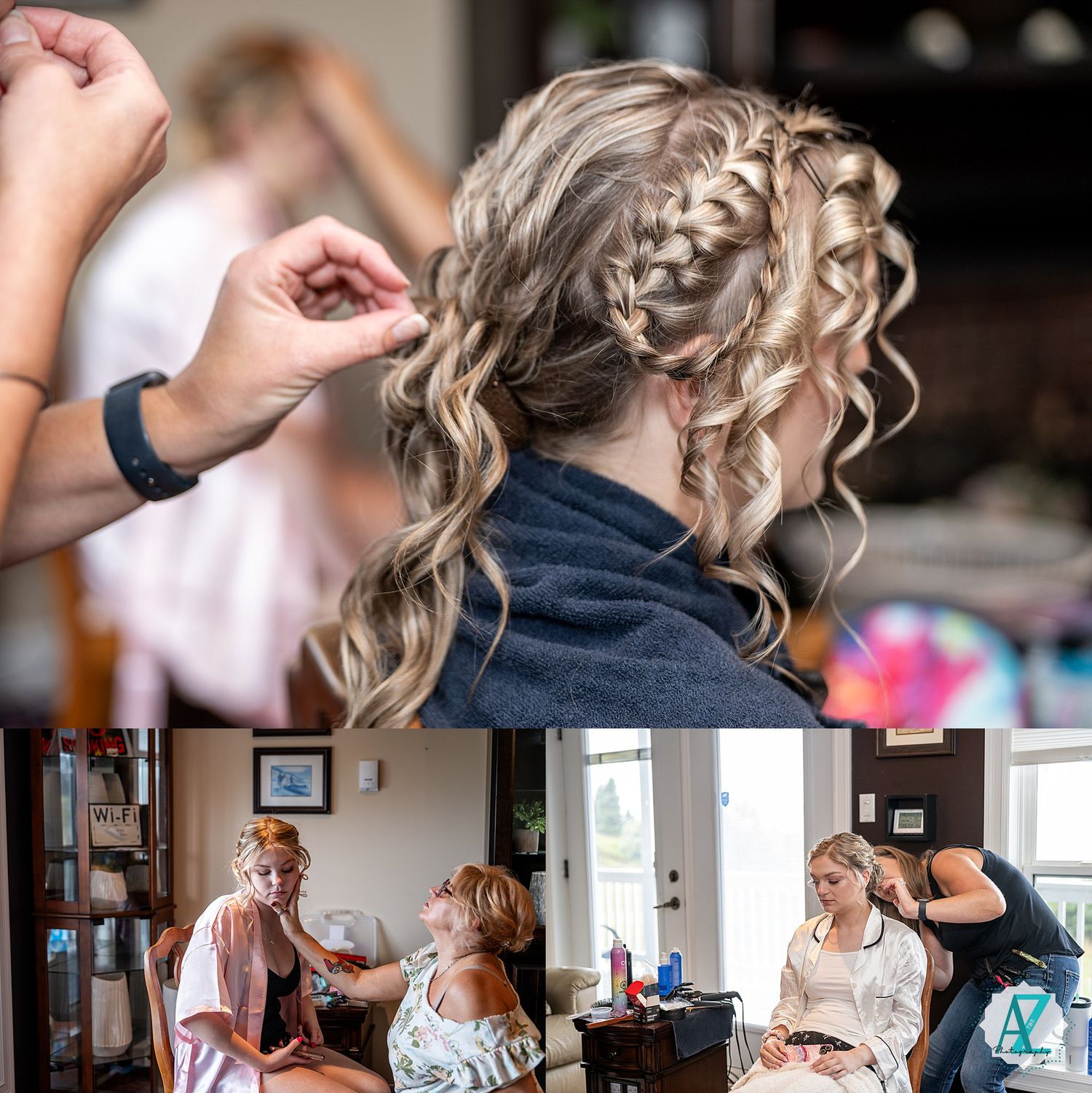A series of candid getting ready moments captured during bridal preparation in a naturally lit room.