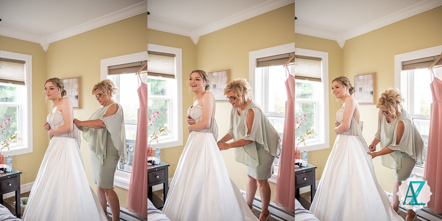 A sequence of wedding preparation moments showing a white gown being fitted and adjusted in a sunlit room.