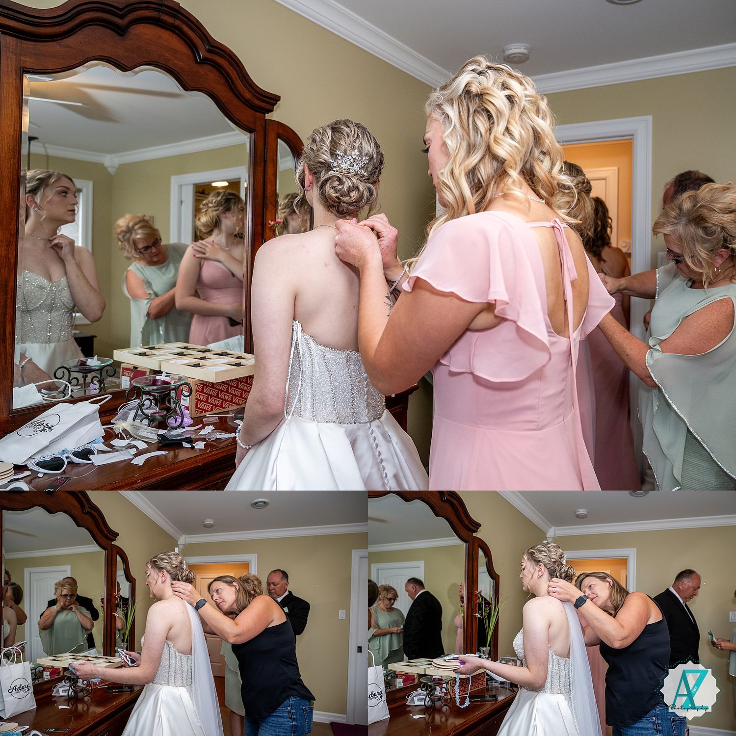 Series of candid moments showing wedding preparations with bride and bridesmaids in coordinated outfits.