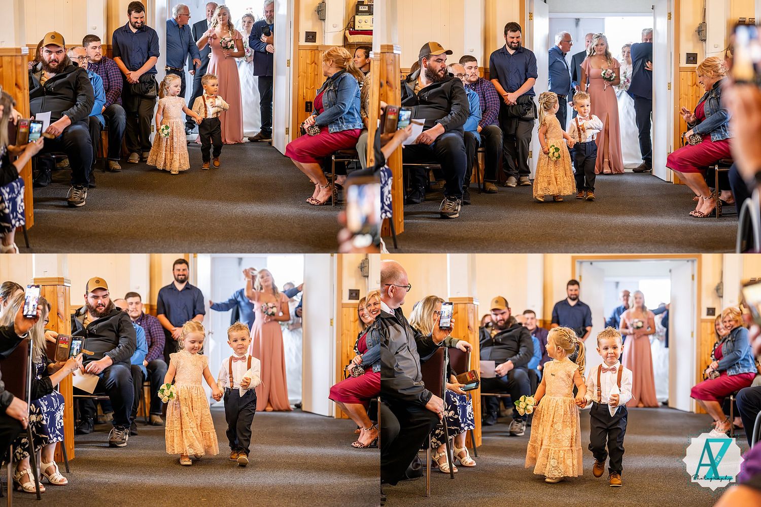 A sequence of dance photos showing a couple performing various steps at an indoor venue with spectators watching.
