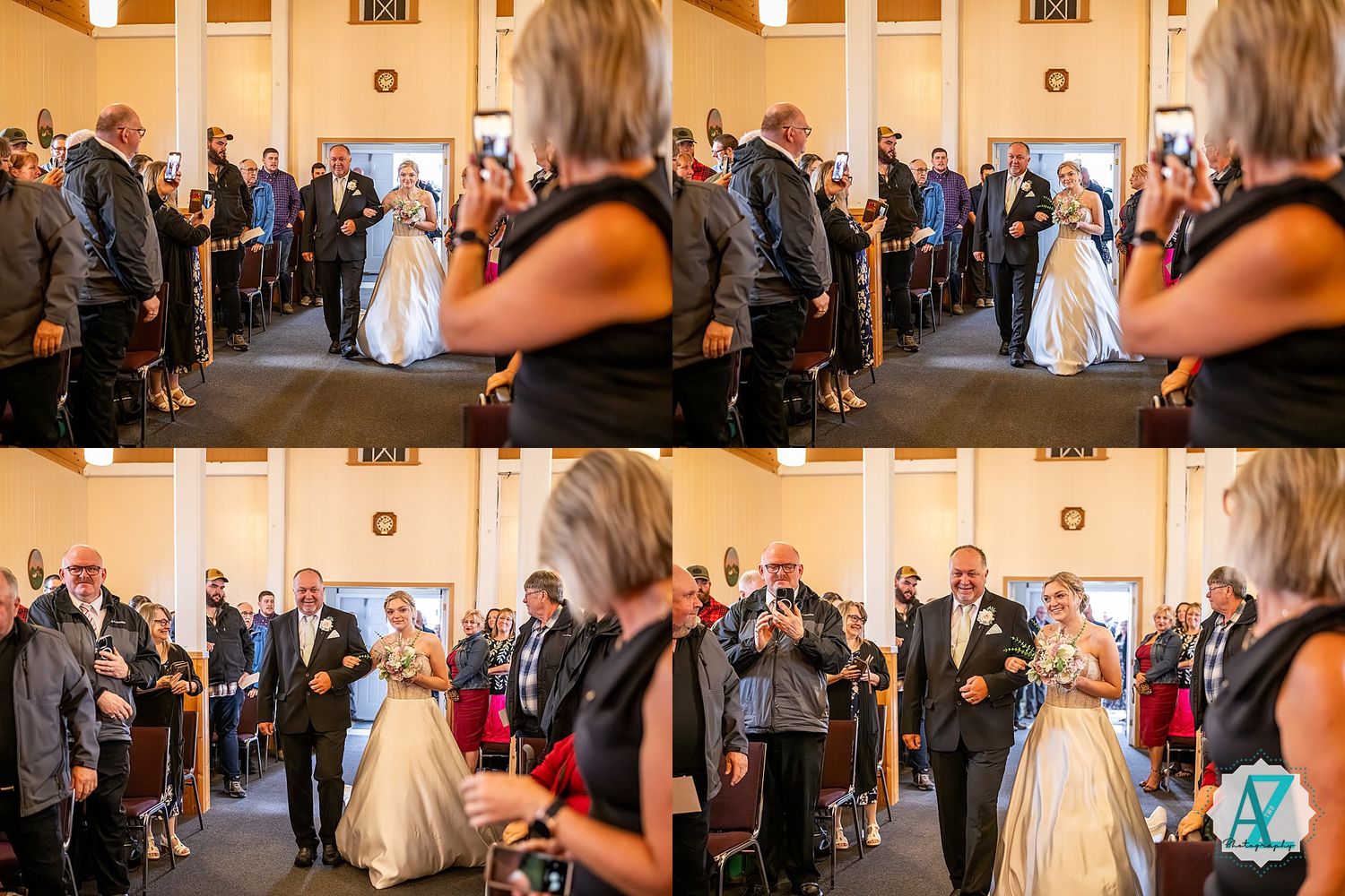 Wedding party dances and celebrates in a church reception hall with golden lighting.