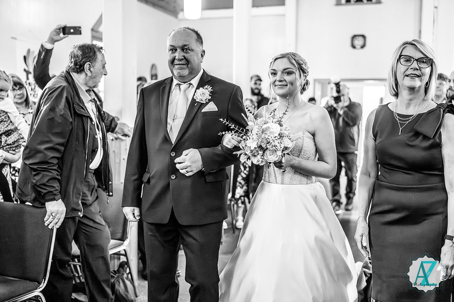 A black and white collage of wedding reception moments with guests and a couple in formal attire.