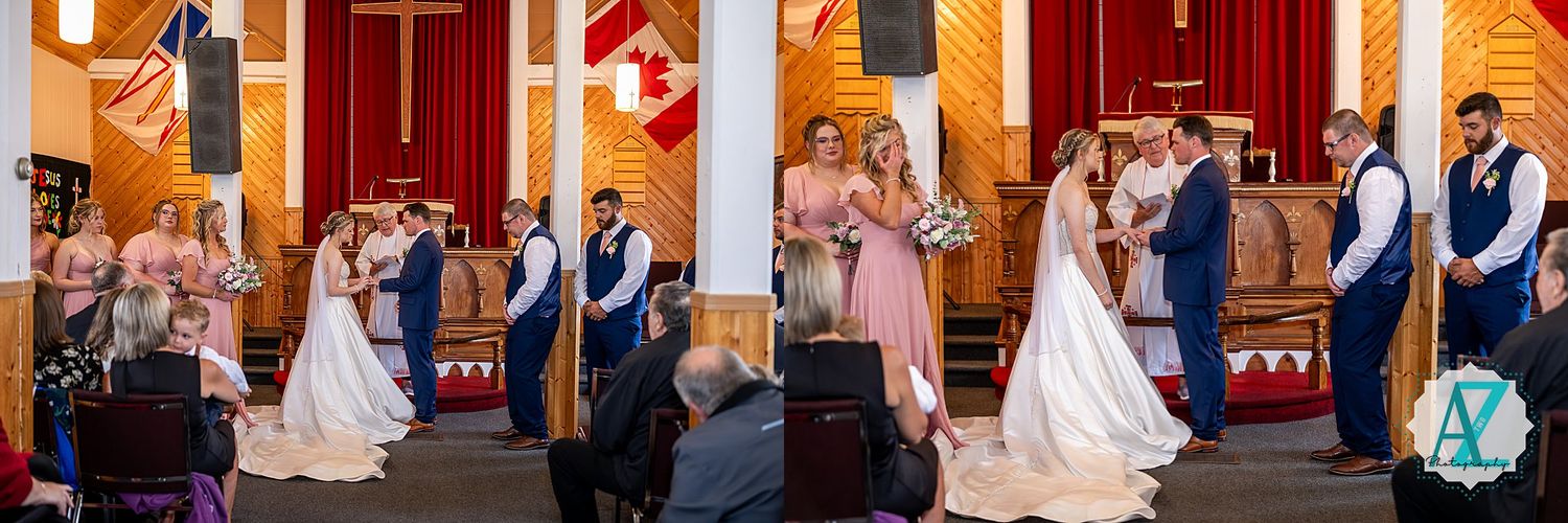Church interior decorated with red curtains and wooden pews during a wedding ceremony.