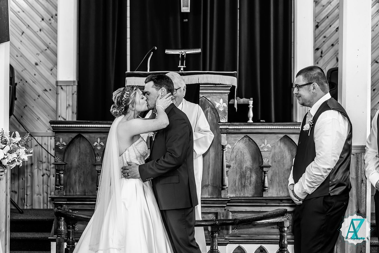 Row of outdoor wedding ceremony photos showing guests gathered at a venue entrance.