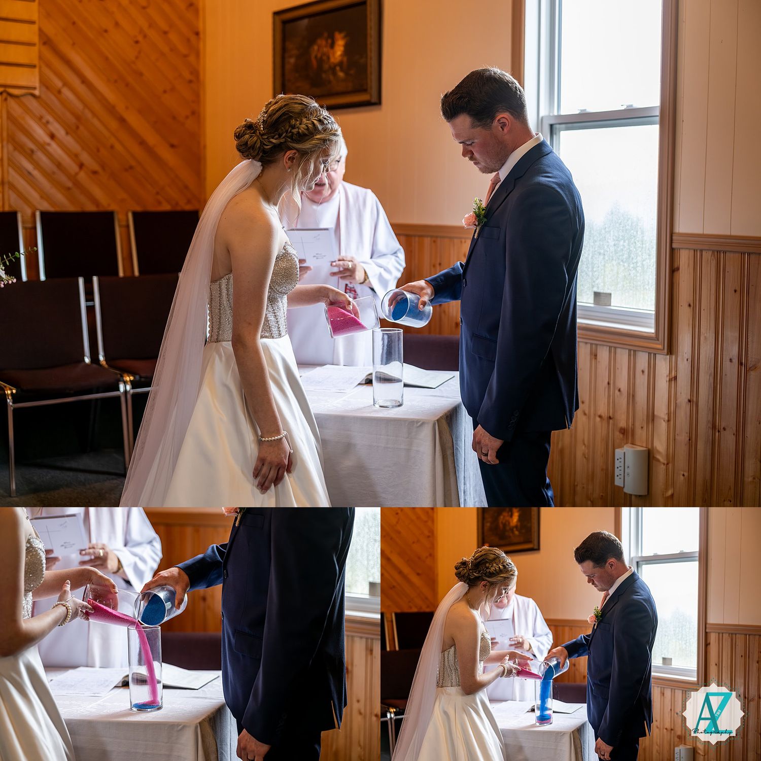 Series of moments showing a couple performing a unity sand ceremony in a warmly lit indoor setting.