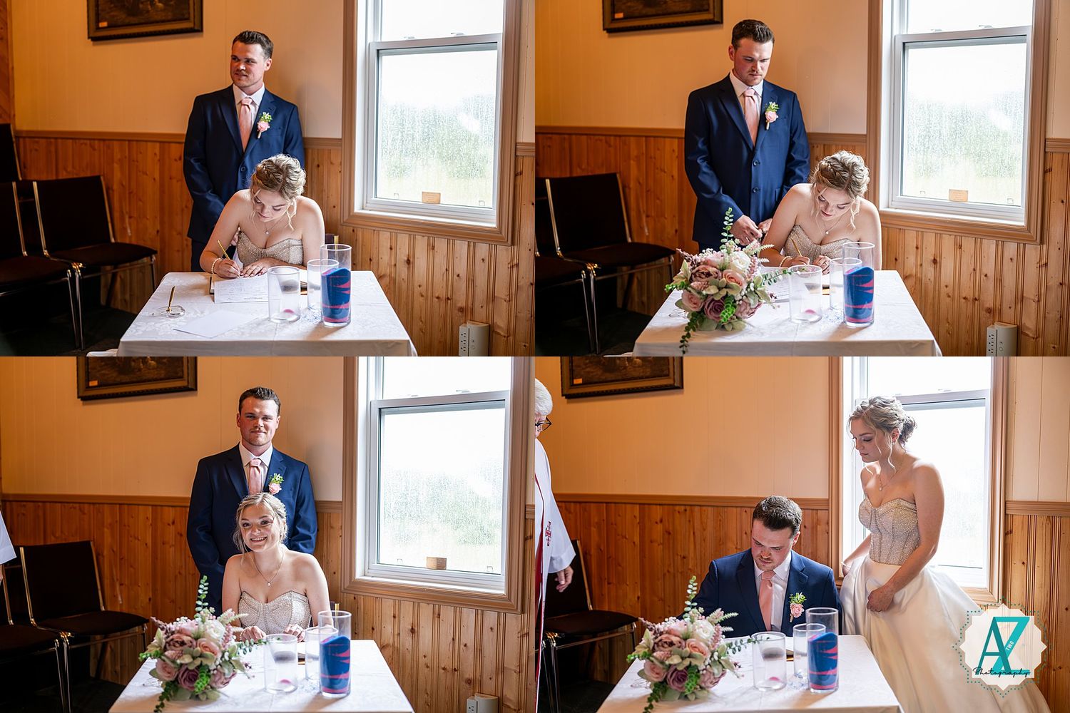 Wedding guests share emotional first looks and sign documents during a heartfelt ceremony in a wood-paneled room.