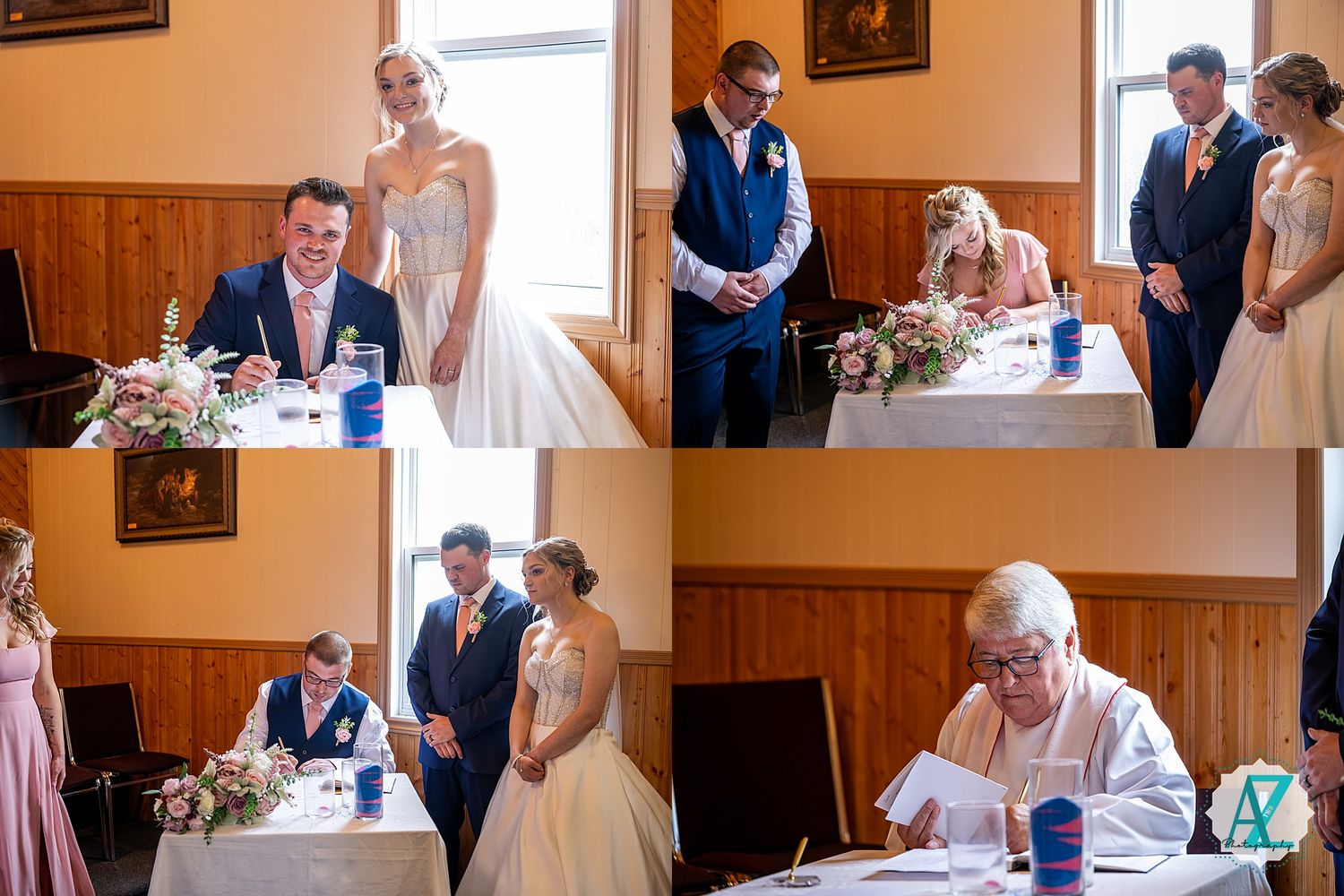 A joyous wedding reception celebration unfolds in a rustic wood-paneled venue with floral arrangements.