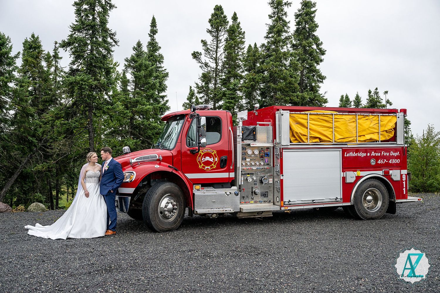 A series of photos featuring a red fire truck with wedding decorations against a forest backdrop.