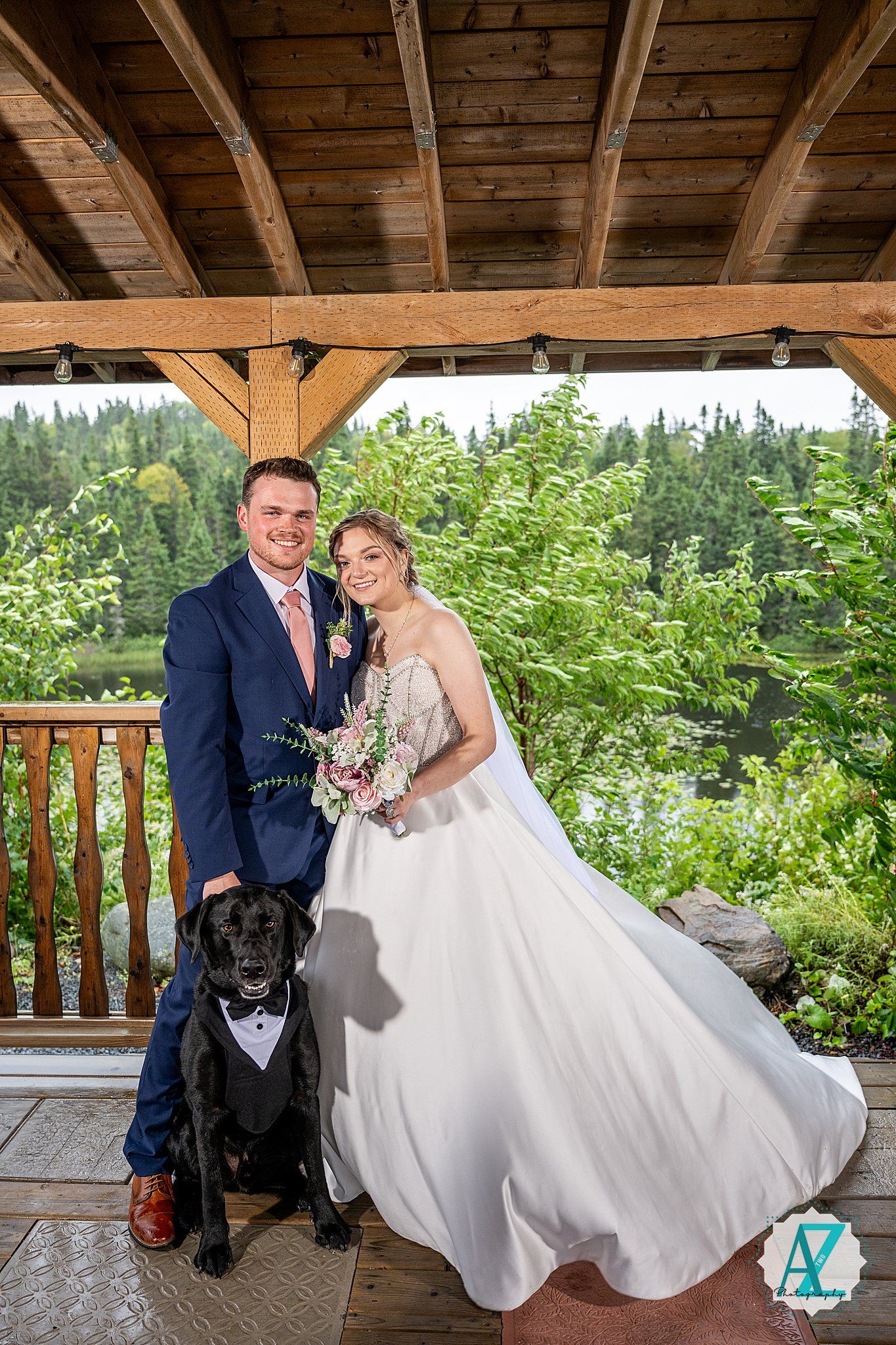 Wedding celebration on a rustic wooden deck overlooking a forested landscape with a beautiful white dress and black dog.