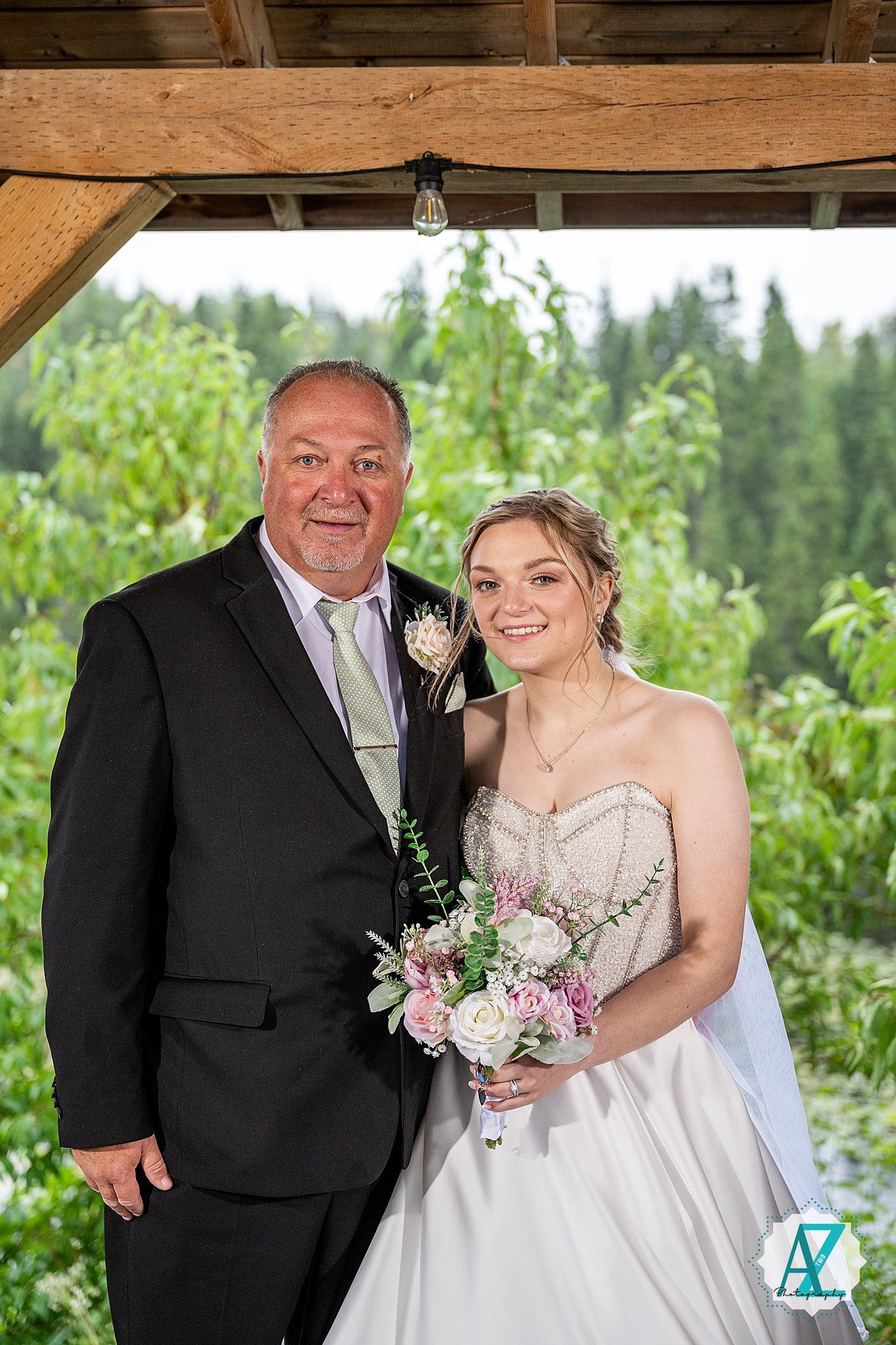 A sequence of wedding photos showing a couple in formal attire posing outdoors in front of a natural forested backdrop.