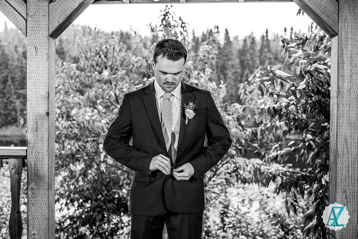 Black and white wedding photo collage showing various candid moments during an outdoor ceremony.
