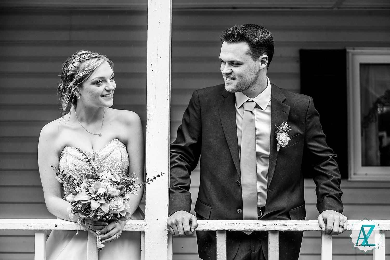 Black and white photo series showing wedding couple on venue porch in creative poses.