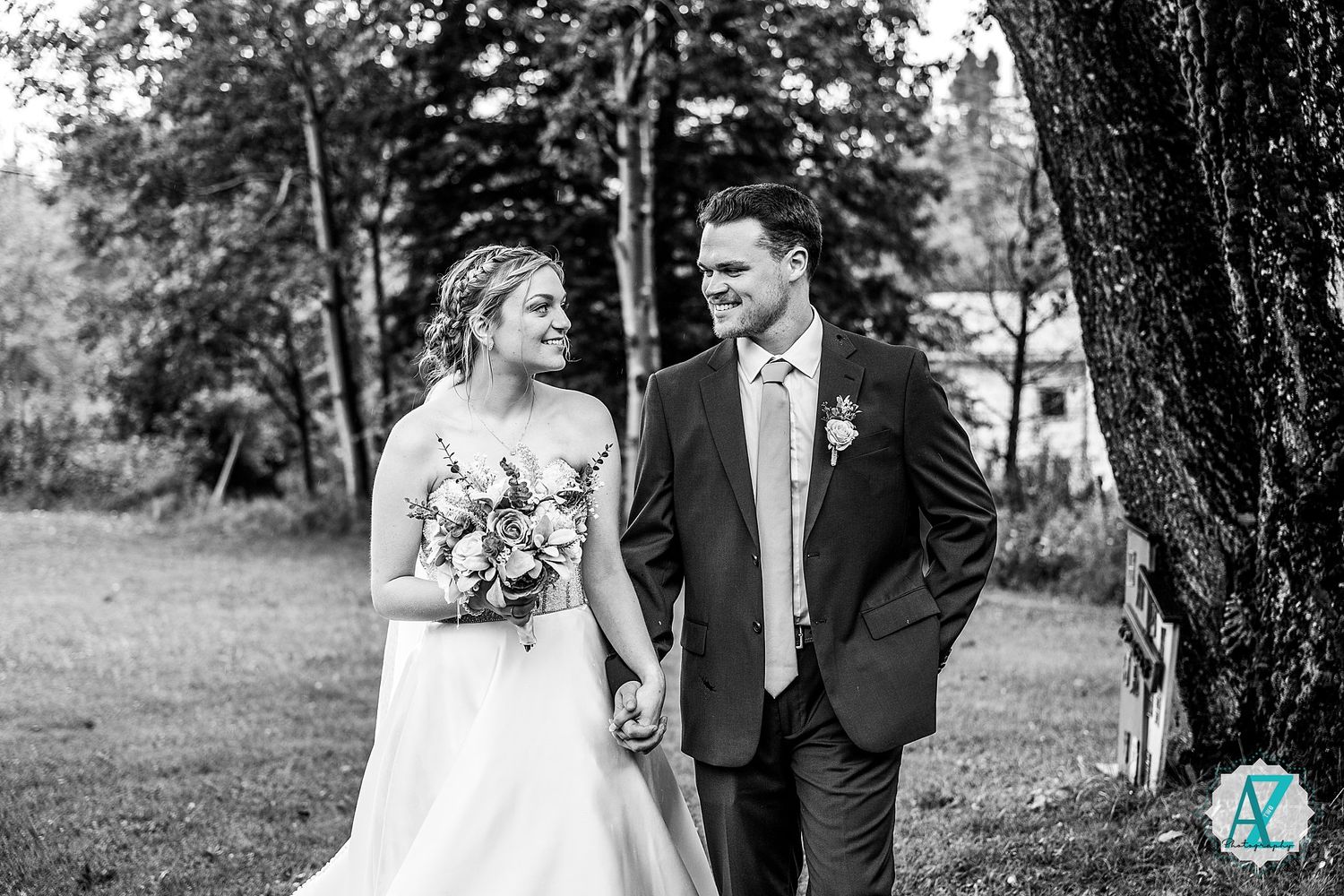 A series of candid wedding photos showing a couple and wedding party enjoying moments together outdoors.