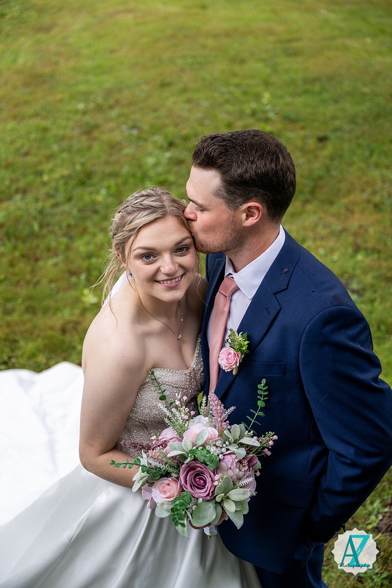 A romantic wedding photo sequence showing sweet intimate moments between newlyweds in a garden setting.
